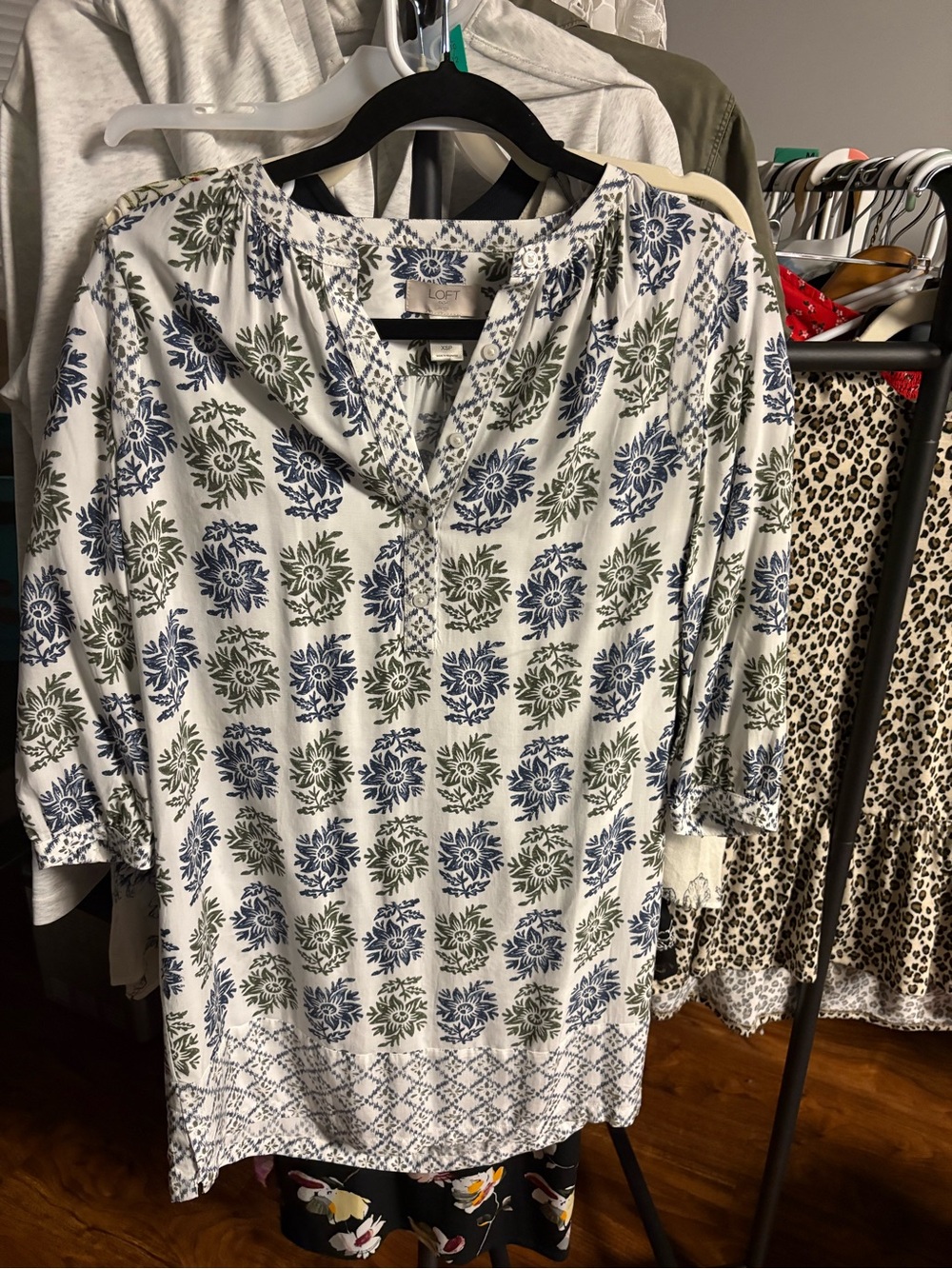 LOFT Blue & Olive Green Floral Block Print Tunic Blouse – Size XS
